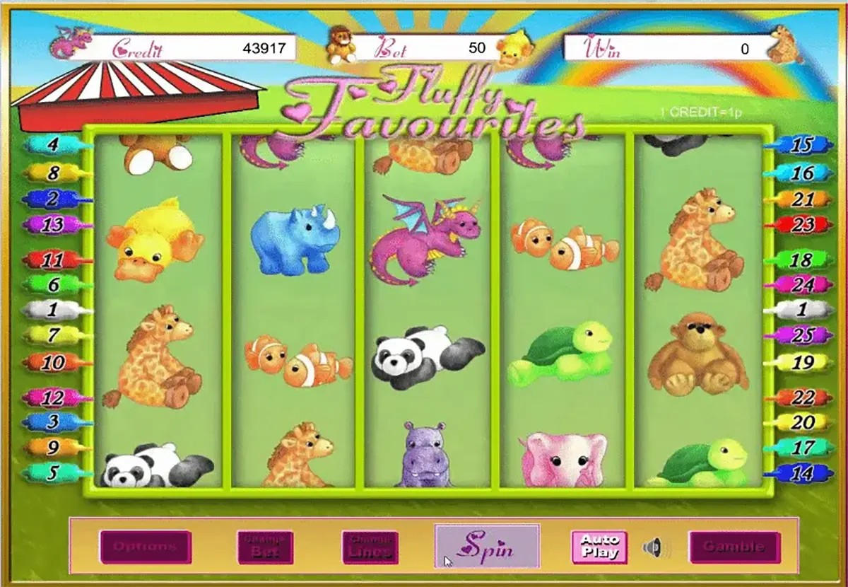 Classic “Fluffy Favourites” slot game screen with five green reels showing cute animal symbols (duck, rhino, dragon, clownfish, panda, turtle and giraffe), rainbow background, payline numbers on both sides, and a bottom control bar with Spin, Bet, Auto Play and Gamble buttons.
