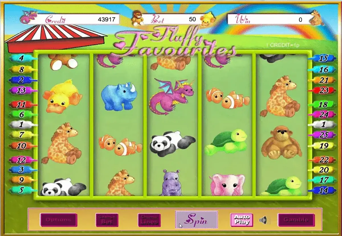 Classic “Fluffy Favourites” slot game screen with five green reels showing cute animal symbols (duck, rhino, dragon, clownfish, panda, turtle and giraffe), rainbow background, payline numbers on both sides, and a bottom control bar with Spin, Bet, Auto Play and Gamble buttons.