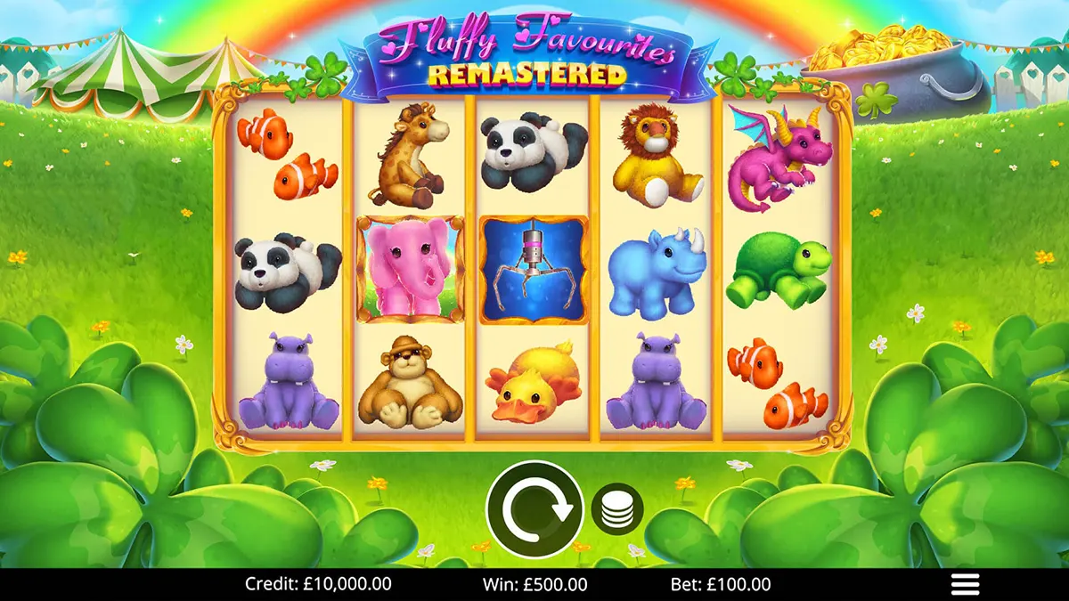 Bright “Fluffy Favourites Remastered” slot game screen showing five reels filled with cute animal symbols (clownfish, panda, elephant, lion, dragon, rhino and turtle) on a green meadow background with a rainbow, plus spin controls and credit/win/bet amounts along the bottom.